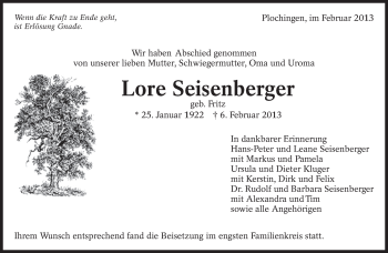 Traueranzeige von Lore Seisenberger von Eßlinger Zeitung/Cannstatter Zeitung