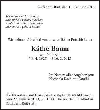 Traueranzeige von Käthe Baum von Eßlinger Zeitung/Cannstatter Zeitung