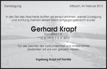 Traueranzeige von Gerhard Krapf von Eßlinger Zeitung/Cannstatter Zeitung