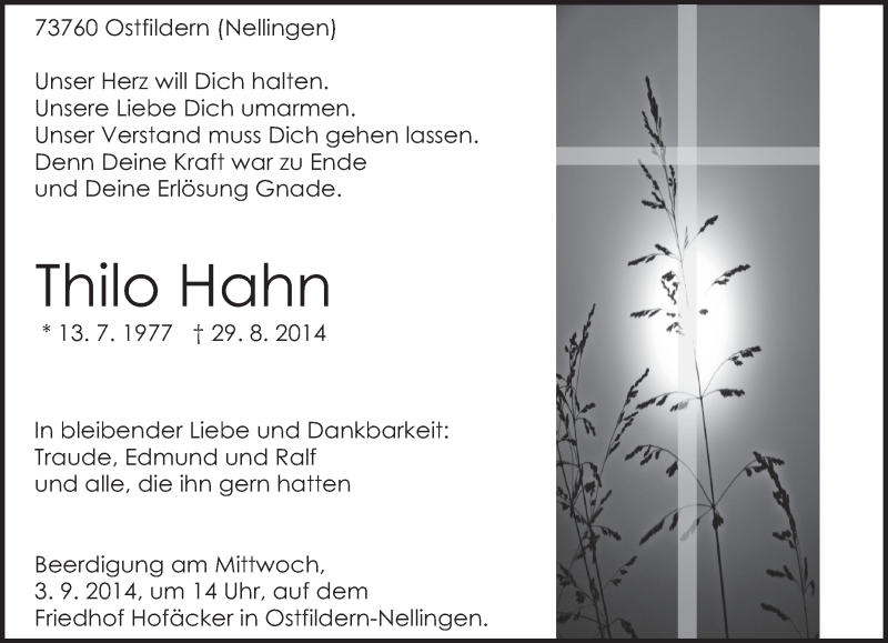  Traueranzeige für Thilo Hahn vom 01.09.2014 aus Eßlinger Zeitung/Cannstatter Zeitung