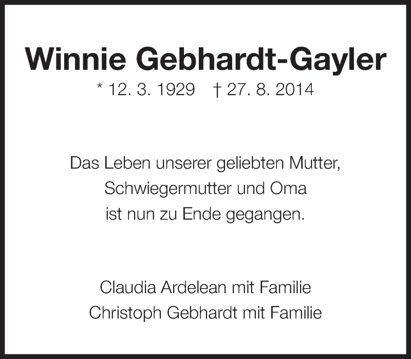  Traueranzeige für Winnie Gebhardt-Gayler vom 06.09.2014 aus Eßlinger Zeitung/Cannstatter Zeitung