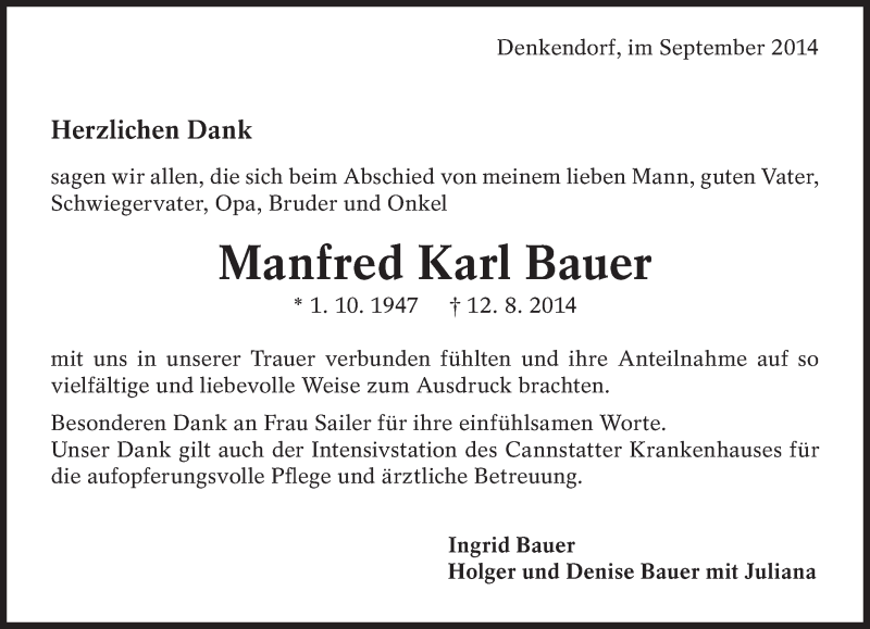  Traueranzeige für Manfred Karl Bauer vom 04.09.2014 aus Eßlinger Zeitung/Cannstatter Zeitung