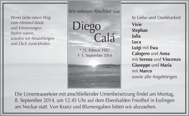  Traueranzeige für Diego Calá vom 06.09.2014 aus Eßlinger Zeitung/Cannstatter Zeitung