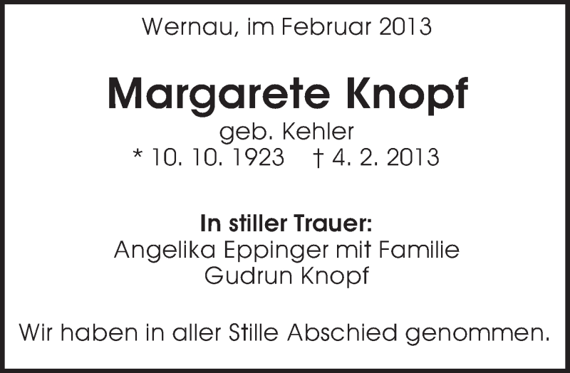  Traueranzeige für Margarete Knopf vom 22.02.2013 aus Eßlinger Zeitung/Cannstatter Zeitung
