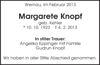 Traueranzeige von Margarete Knopf von Eßlinger Zeitung/Cannstatter Zeitung