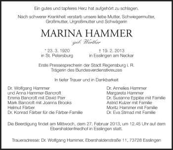 Traueranzeige von Marina Hammer von Eßlinger Zeitung/Cannstatter Zeitung