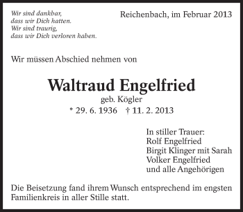Traueranzeige von Waltraud Engelfried von Eßlinger Zeitung/Cannstatter Zeitung
