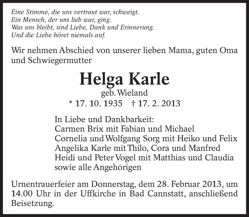  Traueranzeige für Helga Karle vom 23.02.2013 aus Eßlinger Zeitung/Cannstatter Zeitung