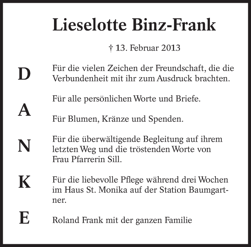  Traueranzeige für Lieselotte Binz-Frank vom 23.02.2013 aus Eßlinger Zeitung/Cannstatter Zeitung