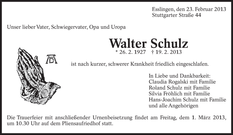  Traueranzeige für Walter Schulz vom 23.02.2013 aus Eßlinger Zeitung/Cannstatter Zeitung
