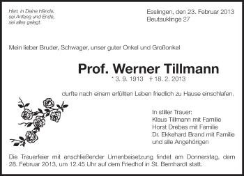 Traueranzeige von Werner Tillmann von Eßlinger Zeitung/Cannstatter Zeitung