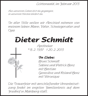 Traueranzeige von Dieter Schmidt von Eßlinger Zeitung/Cannstatter Zeitung