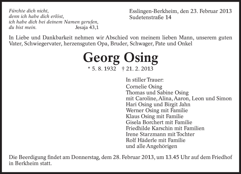  Traueranzeige für Georg Osing vom 23.02.2013 aus Eßlinger Zeitung/Cannstatter Zeitung