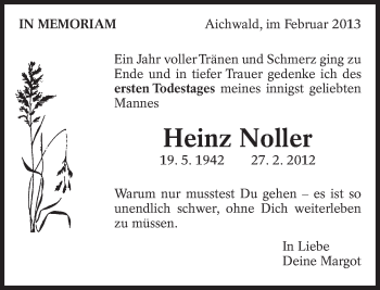 Traueranzeige von Heinz Noller von Eßlinger Zeitung/Cannstatter Zeitung