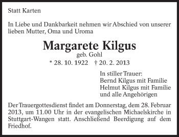 Traueranzeige von Margarete Kilgus von Eßlinger Zeitung/Cannstatter Zeitung