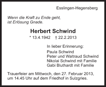 Traueranzeige von Herbert Schwind von Eßlinger Zeitung/Cannstatter Zeitung