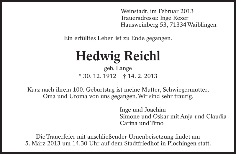  Traueranzeige für Hedwig Reichl vom 01.03.2013 aus Eßlinger Zeitung/Cannstatter Zeitung