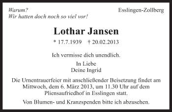 Traueranzeige von Lothar Jansen von Eßlinger Zeitung/Cannstatter Zeitung