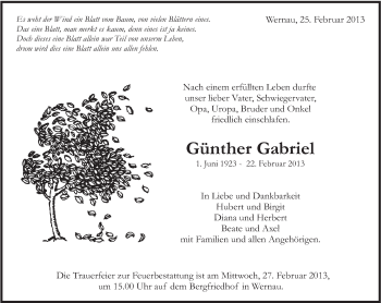 Traueranzeige von Günther Gabriel von Eßlinger Zeitung/Cannstatter Zeitung