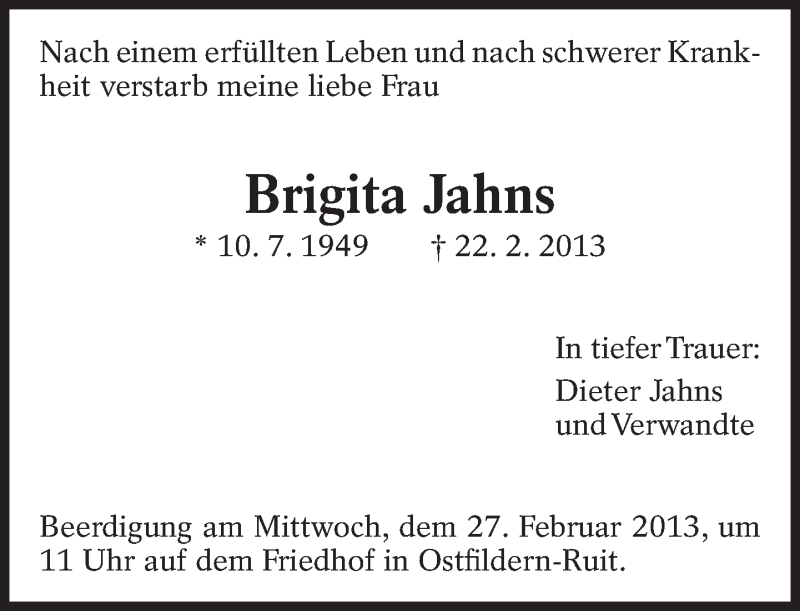  Traueranzeige für Brigita Jahns vom 25.02.2013 aus Eßlinger Zeitung/Cannstatter Zeitung