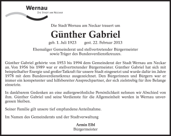 Traueranzeige von Günther Gabriel von Eßlinger Zeitung/Cannstatter Zeitung