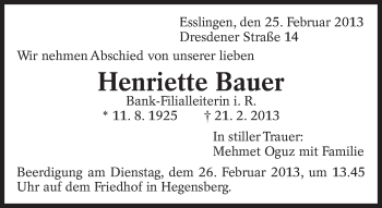 Traueranzeige von Henriette Bauer von Eßlinger Zeitung/Cannstatter Zeitung