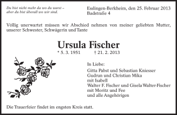 Traueranzeige von Ursula Fischer von Eßlinger Zeitung/Cannstatter Zeitung