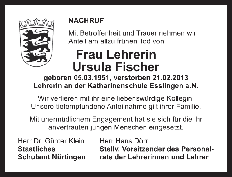  Traueranzeige für Ursula Fischer vom 26.02.2013 aus Eßlinger Zeitung/Cannstatter Zeitung
