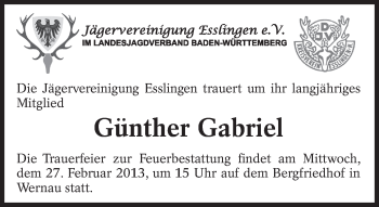 Traueranzeige von Günther Gabriel von Eßlinger Zeitung/Cannstatter Zeitung