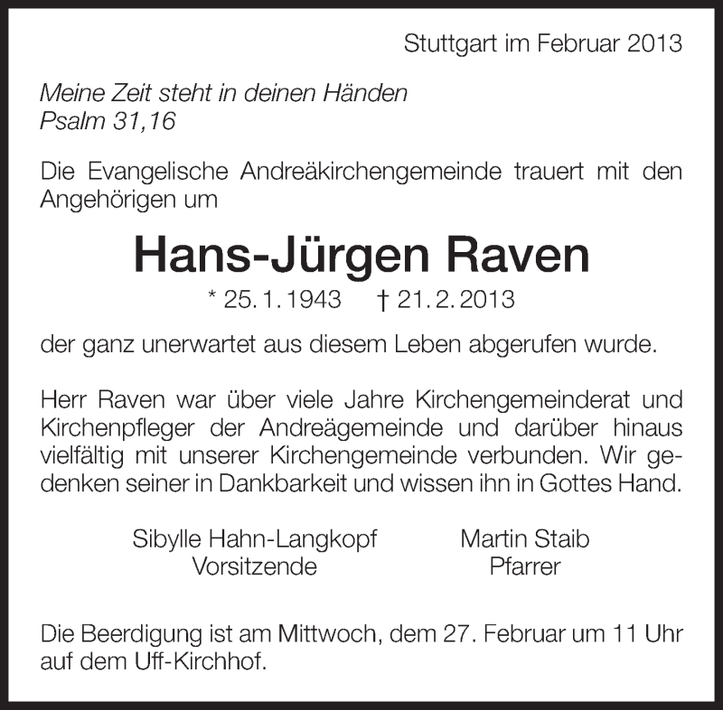  Traueranzeige für Hans-Jürgen Raven vom 26.02.2013 aus Eßlinger Zeitung/Cannstatter Zeitung