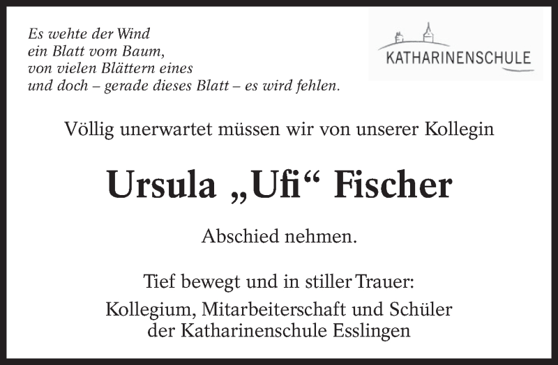  Traueranzeige für Ursula Fischer vom 26.02.2013 aus Eßlinger Zeitung/Cannstatter Zeitung