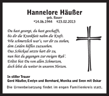 Traueranzeige von Hannelore Häußer von Eßlinger Zeitung/Cannstatter Zeitung
