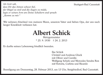 Traueranzeige von Albert Schick von Eßlinger Zeitung/Cannstatter Zeitung