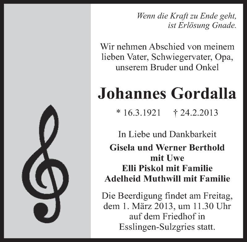  Traueranzeige für Johannes Gordalla vom 26.02.2013 aus Eßlinger Zeitung/Cannstatter Zeitung