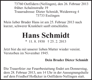 Traueranzeige von Hans Schmidt von Eßlinger Zeitung/Cannstatter Zeitung