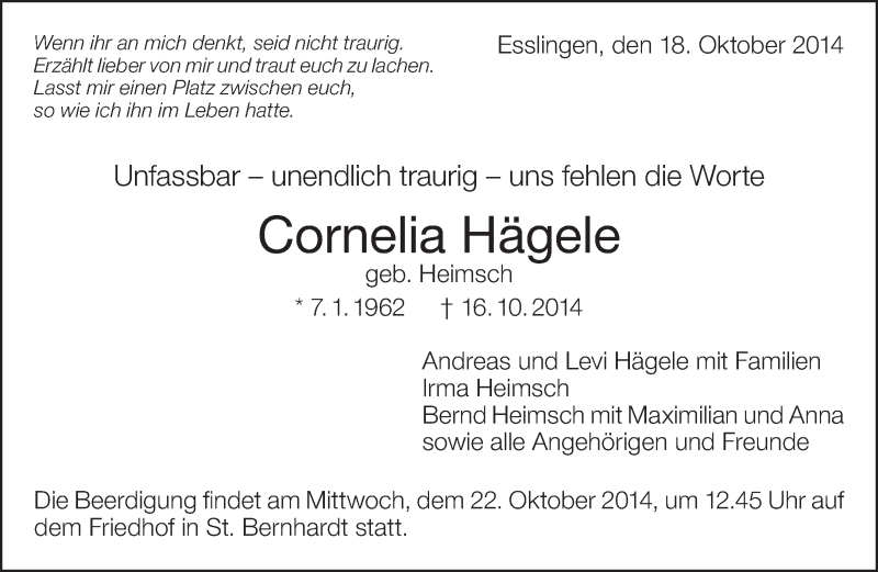  Traueranzeige für Cornelia Hägele vom 18.10.2014 aus Eßlinger Zeitung/Cannstatter Zeitung