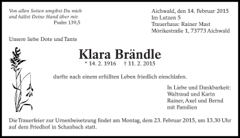 Traueranzeige von Klara Brändle von Eßlinger Zeitung/Cannstatter Zeitung