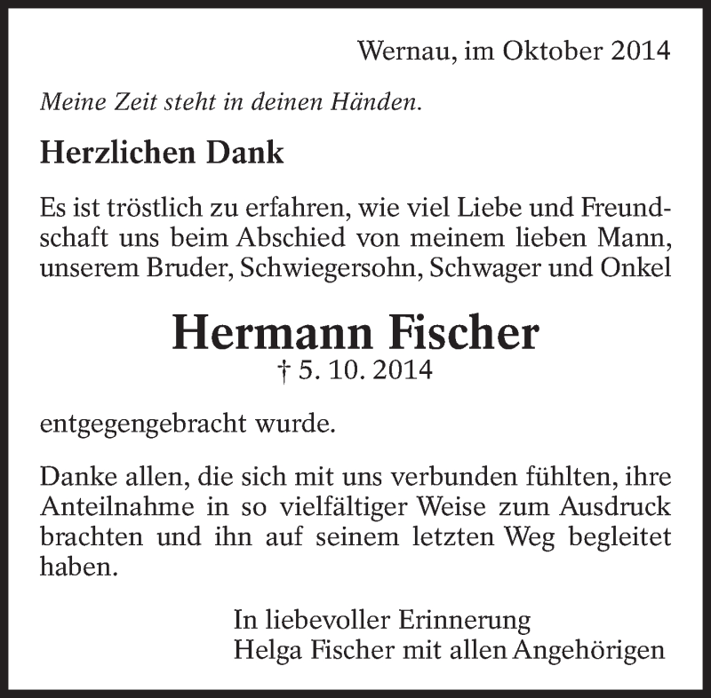  Traueranzeige für Hermann Fischer vom 22.10.2014 aus Eßlinger Zeitung/Cannstatter Zeitung