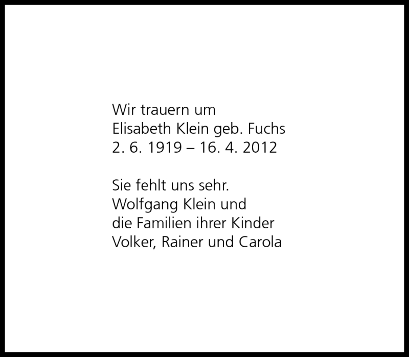  Traueranzeige für Elisabeth Klein vom 28.04.2012 aus Eßlinger Zeitung/Cannstatter Zeitung