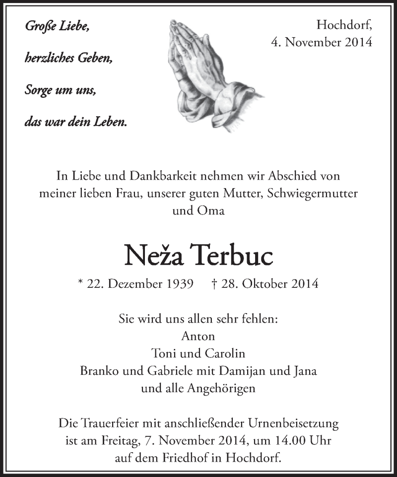  Traueranzeige für Neža Terbuc vom 04.11.2014 aus Eßlinger Zeitung/Cannstatter Zeitung