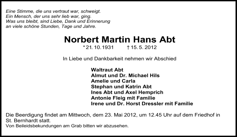  Traueranzeige für Norbert Martin Hans Abt vom 19.05.2012 aus Eßlinger Zeitung/Cannstatter Zeitung