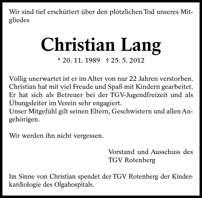  Traueranzeige für Christian Lang vom 31.05.2012 aus Eßlinger Zeitung/Cannstatter Zeitung