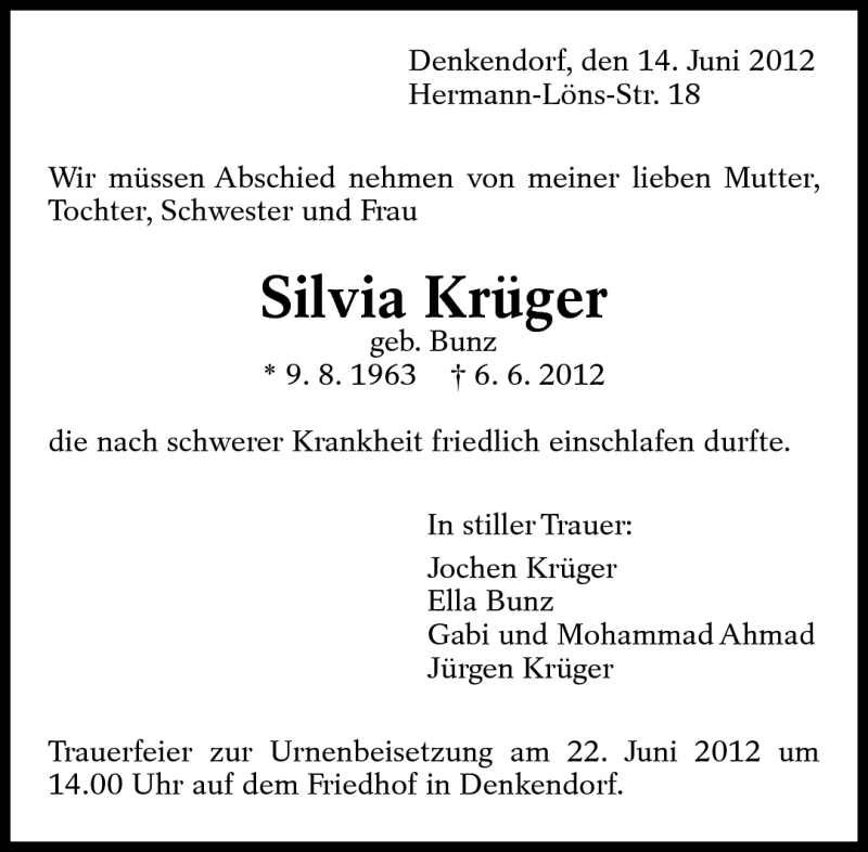  Traueranzeige für Silvia Krüger vom 14.06.2012 aus Eßlinger Zeitung/Cannstatter Zeitung