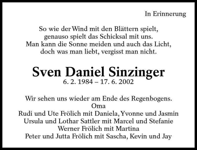  Traueranzeige für Sven Daniel Sinzinger vom 16.06.2012 aus Eßlinger Zeitung/Cannstatter Zeitung
