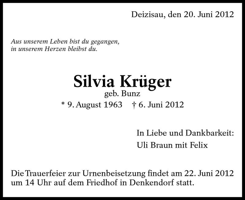  Traueranzeige für Silvia Krüger vom 20.06.2012 aus Eßlinger Zeitung/Cannstatter Zeitung