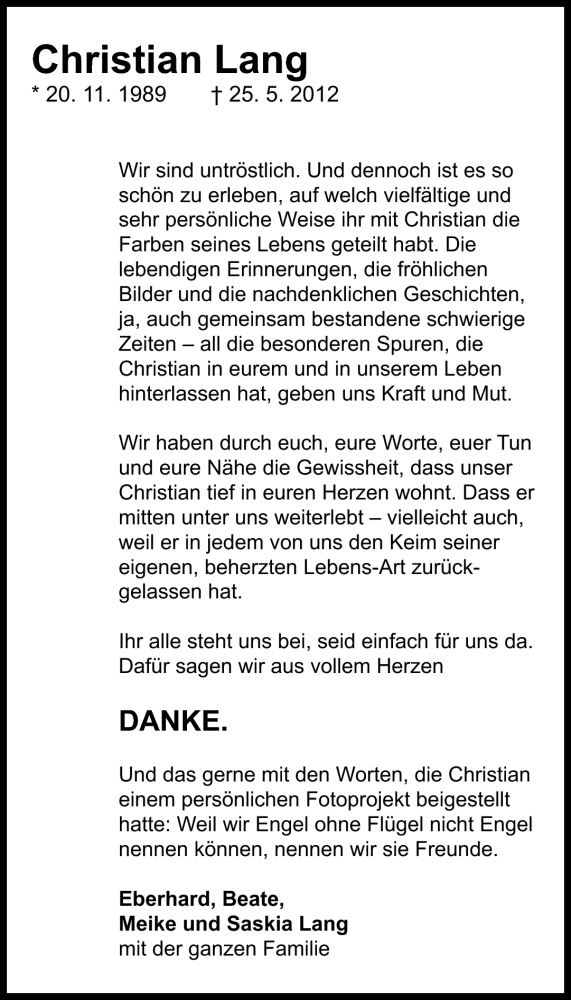  Traueranzeige für Christian Lang vom 26.06.2012 aus Eßlinger Zeitung/Cannstatter Zeitung