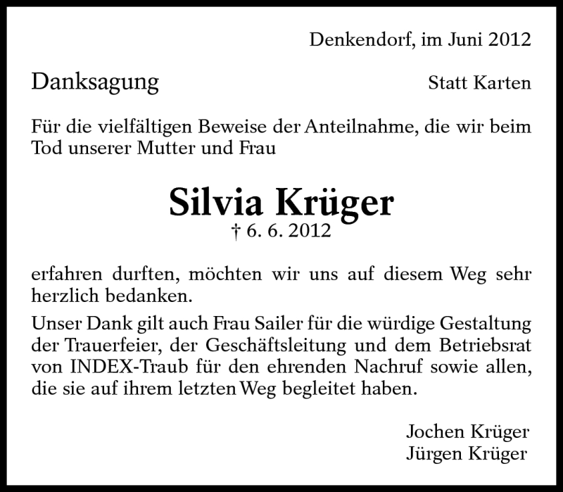  Traueranzeige für Silvia Krüger vom 27.06.2012 aus Eßlinger Zeitung/Cannstatter Zeitung