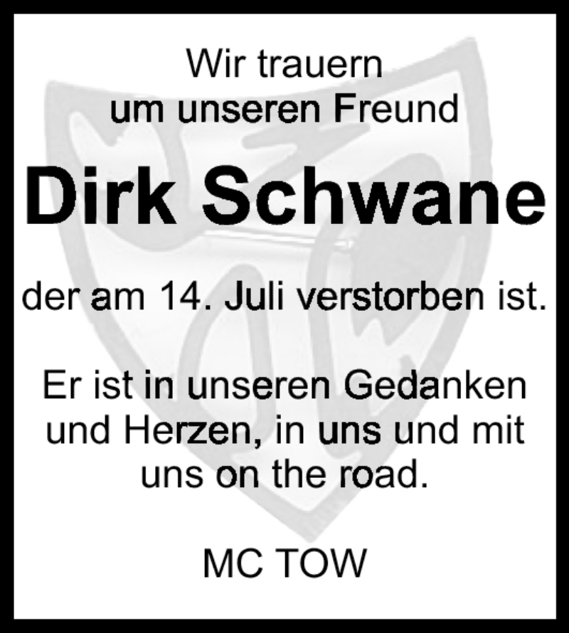  Traueranzeige für Dirk Schwane vom 21.07.2012 aus Eßlinger Zeitung/Cannstatter Zeitung