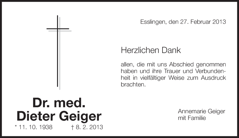  Traueranzeige für Dieter Geiger vom 27.02.2013 aus Eßlinger Zeitung/Cannstatter Zeitung