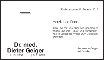 Traueranzeige von Dieter Geiger von Eßlinger Zeitung/Cannstatter Zeitung